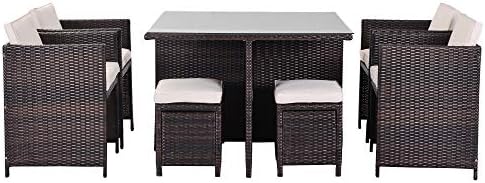 Patio Furniture Set, 9 Piece Outdoor Dining Table Set, Wicker Rattan Dining Table and Chairs Set, Patio Conversation Set with Cushions (Brown+White, 9 Piece)