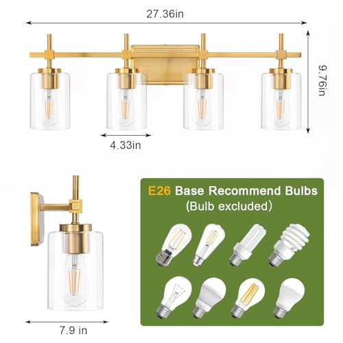 Image of Bathroom Vanity Lights, Gold 4 Lights, E26 Socket with Clear Glass Shade, Modern & Vintage Style Vanity Light for Bathroom, Powder Room, Dressing Room