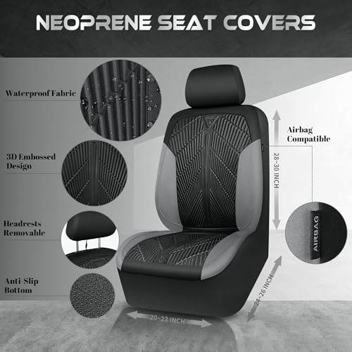 Image of CAR PASS Waterproof Black Gray Car Seat Covers Front Seat Covers Neoprene Wetsuit,All-Weather Non-Slip Durable,Universal Fit for SUV Sedans Trucks Van Automotive,Airbag Compatible,3D Emboss Black Gray