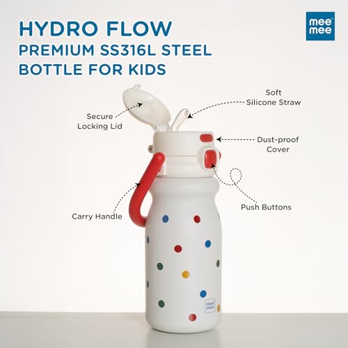 Image of Mee Mee Hydro Flow 500ml Leakproof Insulated Water Bottle for Kids | SS316L Stainless Steel | 24H Cold & 12H Warm | Leakproof Straw Sipper | BPA-Free School Bottle with Strap