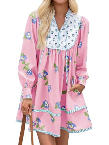 Image of Wenrine Womens Casual Floral Mini Dress Fall Long Sleeve V Neck Patchwork Loose Boho Shirt Dresses