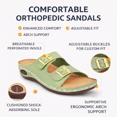 Image of ORTHO JOY Orthopedic Comfort Sandals for Women | Adjustable Buckle Slides with Arch Support | Cushioned Shock Absorbing Sole