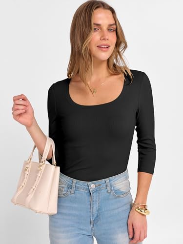 ANRABESS Womens 3/4 Sleeve Scoop Neck Tops Ribbed Knit Slim Fitted Casual Basic Tee Shirts 2025 Fall Trendy Going Out T-Shirt3