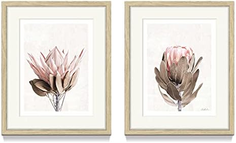 Framed Floral Wall Art Sets – Pink Protea Flower Photographs Prints with Beige Wood Frame for Bathroom or Bedroom(16'' x 20'' x 2 Panels)