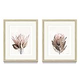 Framed Floral Wall Art Sets – Pink Protea Flower Photographs Prints with Beige Wood Frame for Bathro