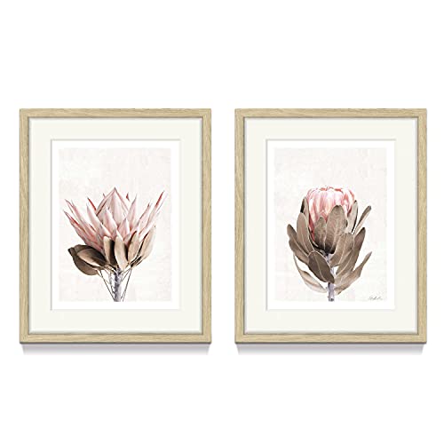 Framed Floral Wall Art Sets – Pink Protea Flower Photographs Prints With Beige Wood Frame For Bathroom Or Bedroom(16'' X 20'' X 2 Panels) #TOP2