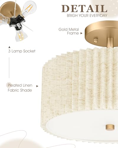 Image of Gold Semi Flush Mount Ceiling Lights, 3-Light 12.5 inch Light Fixtures Ceiling Mount with Pleated Linen Fabric Shade, Drum Lighting Fixture for Hallway Nursery Bedroom Kitchen, AD-25036-3SF-GD-B