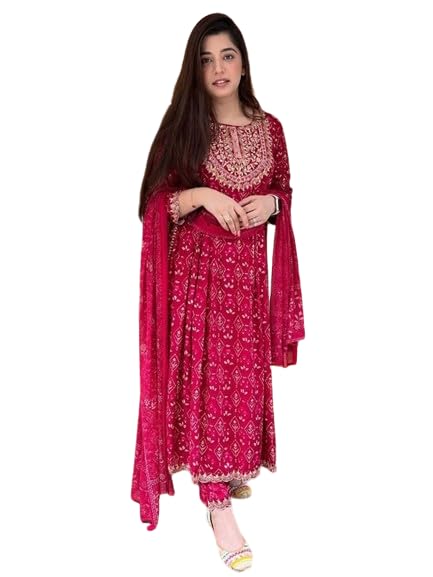 Women's Rayon Febric Hand Embrodiery Work Nayra Cut Kurti Pant With Dupatta Set