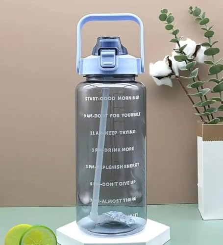 Image of 4Mura 2 L Capacity Belt Straw Transparent Motivational Water Bottles|Time Marker Leak Proof&Break-Proof|Best Usage For Office /School /Gym /Travel Bottle|Bpa-Free Fitness Sports Bottle (BLUE)