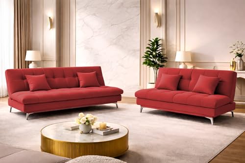 Image of Krancy Solid Wood 3 + 2 Seater Sofa Cum Bed with 2 Cushions | Convertible Wooden Couch for Living Room, Home & Office | Modern Designer Furniture | 3 Years Warranty | Red
