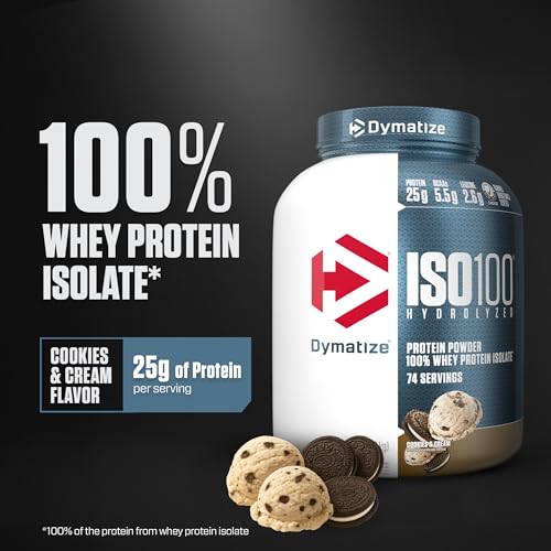 Image of Dymatize ISO100 Protein Powder, 100% Whey Isolate, Cookies & Cream | 25g Protein, Hydrolyzed, Fast-Absorbing, Supports Muscle Health, 5.5g BCAAs, Gluten-Free, 74 Servings, 5 lb