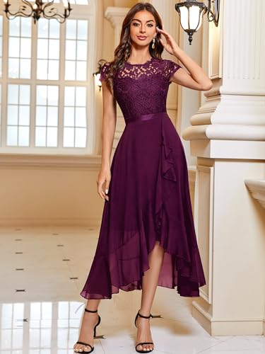 Miusol Women\'s Retro Lace Contrast Chiffon Ruffle Evening Maxi Dress (Medium, Magenta)