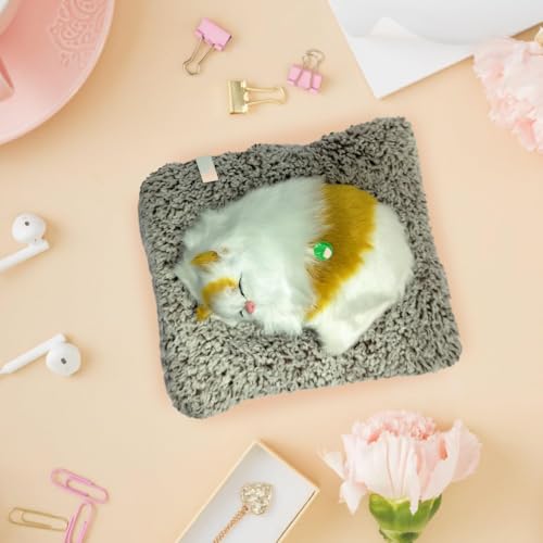 Image of Sleeping Cat Plush Toy with Press Simulation Sound, Sleeping Cat Stuffed Animal Fur Soft Toys with Sound for Kids Car Dashboard Cat & Office Desk (Tan & White)