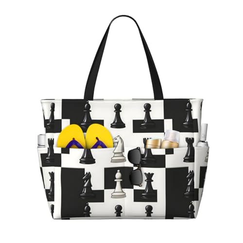 Large Beach Bags for Women Sandproof - Chess Black White Print Summer Travel Work Tote Bags with Zipper