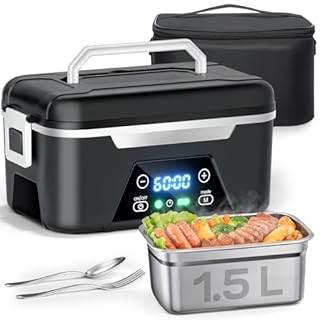 ISNIKA Cordless Heated Lunch Box For Adults, 1.5L (6 Cups) Rechargeable Electric Lunch Box Battery Powered With Scheduled Heating, Automatic Heating,Portable Food Warmer With Insulated Bag (Black)