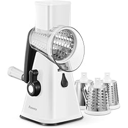 Reemix Rotary Cheese Grater, 3 Stainless Steel Drum Blades, White | Suction base locks firmly to countertop. Fast rotary handle for efficient slicing, coarse shredding, and fine grating.