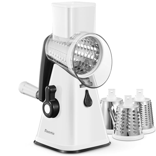 Rotary Cheese Grater, Reemix Rotary Vegetable Slicer, Rotary Kitchen Mandoline Vegetable Slicer with 3 Replaceable Stainless Steel Blades (White)