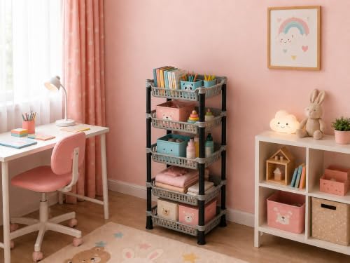 Image of KITCHIVO Multipurpose Storage Organizer Slim Rack Shelf with Wheels for Living Room, Office, Bedroom, Bathroom, Kids Room, Kitchen Trolley (Grey, 5 Layer)