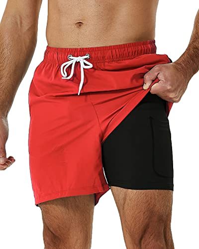 SILKWORLD Mens Swimming Trunks with Compression Liner 2 in 1 Quick-Dry Bathing Suits with Zipper Pockets Orange Red Medium