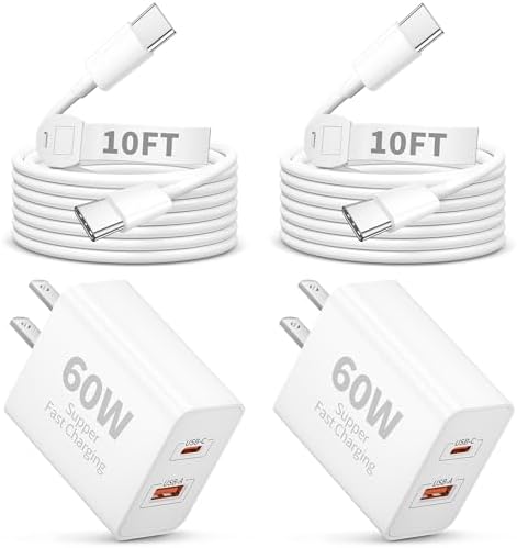 iPhone 17 16 15 Pro Max Charger Fast Charging, 2 Pack 60W Dual Port Super Fast USB C Charger Block with 10FT Long USB C Cable Cord for iPhone 17/17 Pro Max/Air/16/16 Pro/15/15 Plus, iPad Pro/Air/Mini
