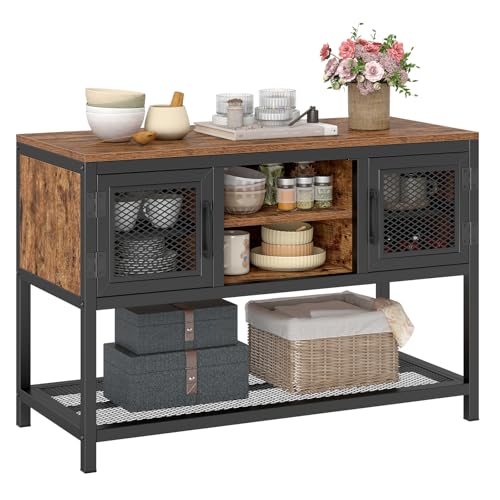 COSTWAY Wooden Kitchen Buffet Sideboard with Metal Mesh Doors - Industrial Style Storage Cabinet with Open Compartments & Bottom Shelf for Dining Room & Entryway
