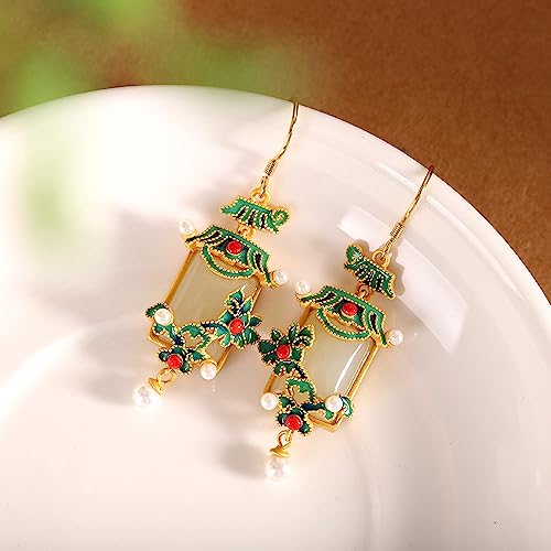 Boucles d'oreilles Hetian jade et perles en porcelaine émaillée de style cour