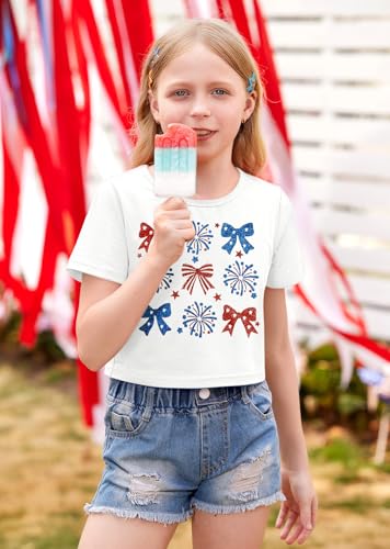 Image of BesserBay Kids Girls 4th of July Crop Tops American Flag Red White Blue Patriotic Bows USA Flag T-Shirts 6-14 Years