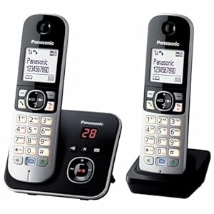 Panasonic KX-TG6822FRB DECT draadloze telefoon, digitaal antwoordapparaat, basis en 2 handsets, handsfree, oproepidentificatie, blokkering van ongewenste oproepen, LCD, zwart