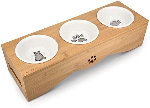 Navaris Cat Bowls with Stand - Elevated Triple Feeder for Cats - Ceramic Pet Bowl Dishes 3-Pcs Set with Printed Designs and Raised Bamboo Wood Holder