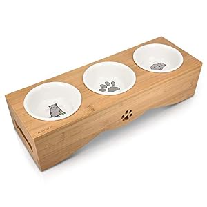 Navaris Cat Bowls with Stand Elevated Triple Feeder for Cats Ceramic Pet Bowl Dishes 3 Pcs Set with Printed Designs and Raised Bamboo Wood Holder