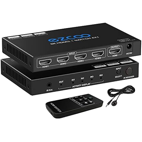 8K HDMI 2.1 Switch 4K 120Hz 4x1 48Gbps VRR CEC ARC HDCP2.3 HDR10 8K 60Hz 4 Port HDMI 2.1 Switcher 4 In 1 Out HDMI Selector D-olby vision Atmos IR Remote for QLED TV,PS5,Xbox,Fire Stick,SkY Q Cover