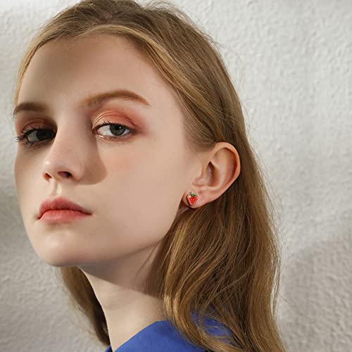 Cute Strawberry Fruits Small Stud Earrings 925 Sterling Silver Post for Women Lovely Funny Red Enamel Lifelike Lucky Mini Cartilage Tragus Hypoallergenic Jewelry Niece Daughter Girlfriend2