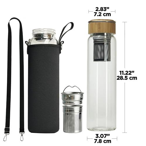 aecotea 32oz Tea Infuser Bottle with Strainer and Infuser - Glass Water Bottle with Bamboo Lid and Sleeve (Clear Glass)