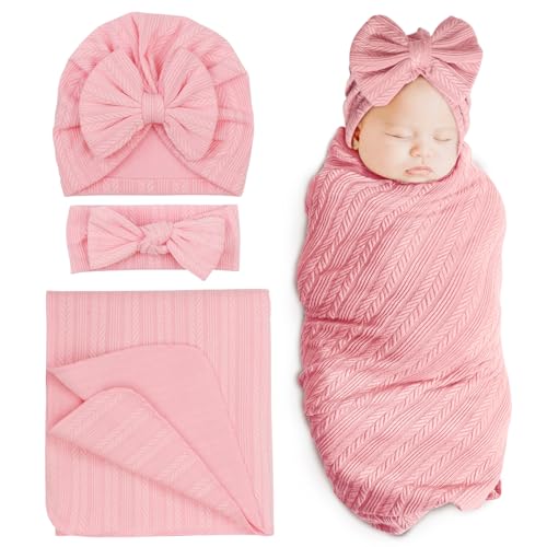 Image of DRESHOW BQUBO Newborn Receiving Blanket Toddler Warm for Girls with Bow Hat and Bow Headband Shower Gift