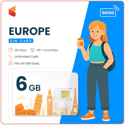 Tarjeta SIM de viaje de Europa y Reino Unido | Datos de Internet | Llamadas ilimitadas (19 GB de datos de Internet)