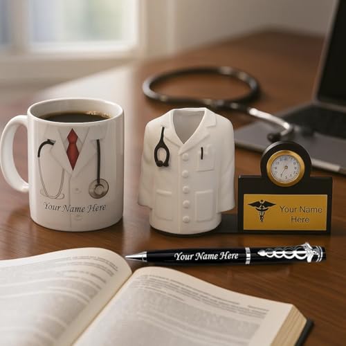 Image of ncgifts Personalized Doctors Desk Gift Set | Customized Doctor Pen, Fiber Pen Stand with Watch & Ceramic Coffee Mug | Unique Doctor Gifts for Clinic, Office & Personal Use