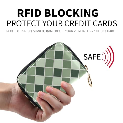 Women's Green Rhombus Lattice Credit Card Holder Wallet Leather Zipper Card Case for Ladies Girls 203009403