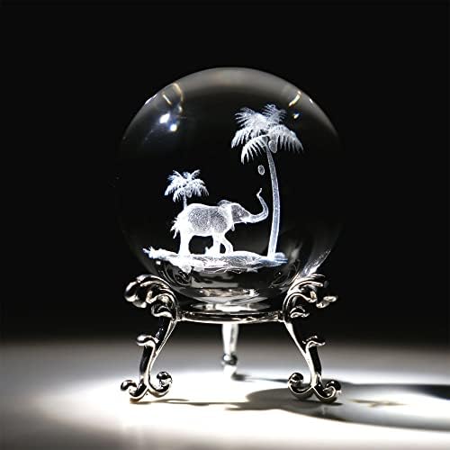 HDCRYSTALGIFTS Tropical Elephant Crystal Ball Paperweight with Stand 60mm 3D Laser Engraved Glass Spheres Decorative Balls(Clear)
