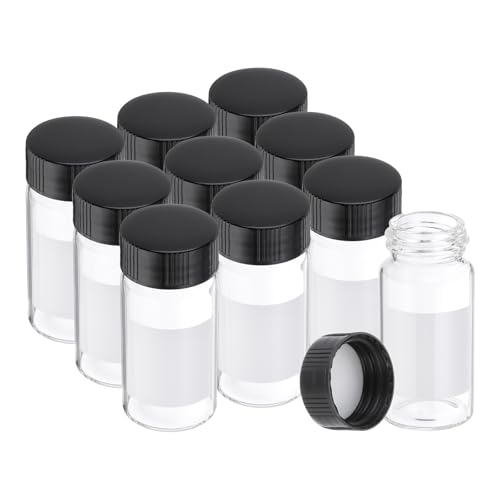 PATIKIL 10pcs 20ml Small Clear Glass Vials with Black Screw Cap, Borosilicate Glass Sample Bottles with Writing Label for Solid Liquid Powder Storage