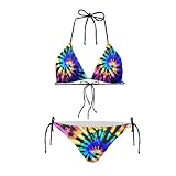 JEOCODY Spiral Tie Dye Print Two Pieces Bikini Set String Triangle Bikini Sets