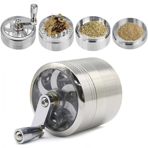 XUBX Krautmühle mit Handkurbel, Metall Kräuter Mahler Schleifer, 4-teilige Kräutermühle mit Gewürzmühle, Magnetischer Oberseite und Sieb, Aluminium Crusher Gewürze Herb Grinder für Tabak(Silber)
