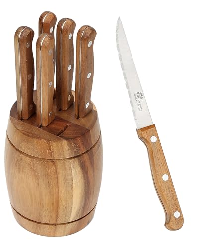 Pradel Excellence - Bloc Couteaux 6 Pièces Rustika - Bloc en Acacia en Forme de Tonneau - 6 Couteaux à Steak, Lames en Acier Inoxydable 2CR14 - Ustensiles de Cuisine Pleine Soie - 9,5 x 9,5 x 13 cm