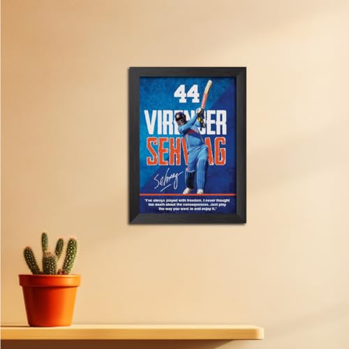 Image of TenorArts Virender Sehwag Poster with Quotes Indian Legend Cricket Player Photo Frame Painting with Matt Finish Black Textures (12 inches x 9inches)