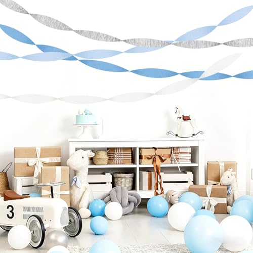 Image of Light-Dusty Blue White-Silver Party-Decorations Streamers - 8 Rolls Birthday Graduation 2026 Baby Bridal Shower Crepe Tissue Paper Streamer,Bachelorette Engagement Garland Decor Panduola