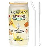 PuGez Friends Glass Cup with Lid and Straw, Friends TV Show Merchandise, Friends Gifts for Fans, Friends TV Show Gifts, Friends Merchandise Gifts, 16 Oz Friends Can Glass Drinking Glasses