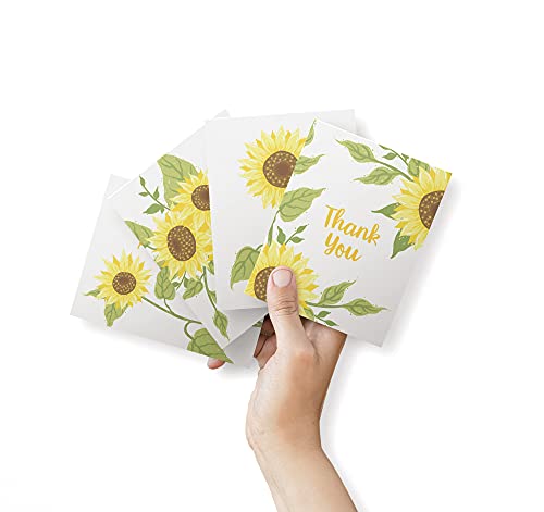 Image of Twigs Paper Sunflowers Thank You Cards, 12 Blank Note Cards with Envelopes | Small size, gratitude & appreciation notes, hand-illustrated artwork, stationery, bulk value set