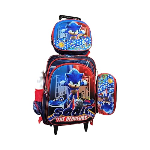 Mochila Infantil Sonic The Hedgehog com Lancheira, Conjunto Escolar com Rodinhas Mochila Meninos