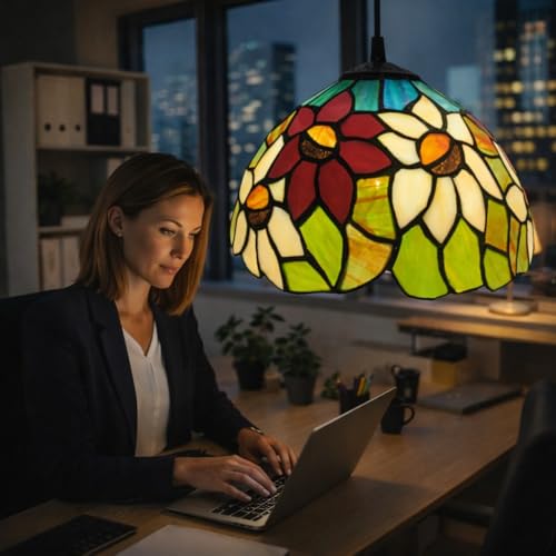 Image of Delight Creations Stained Glass Table Lamp, Multicolor Glass Shade, Bronze Base (Free Bulb) (Design - 13)