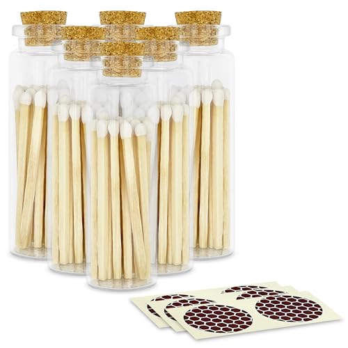 Image of 2 inch Classic White Tip Safety Matches | 6 Glass Bottles Each with Cork Top, Striker & 20 Matchsticks by Thankful Greetings (120+ Total) | Decorative Unique & Fun Artisan Set for Home, Gifts, & Events