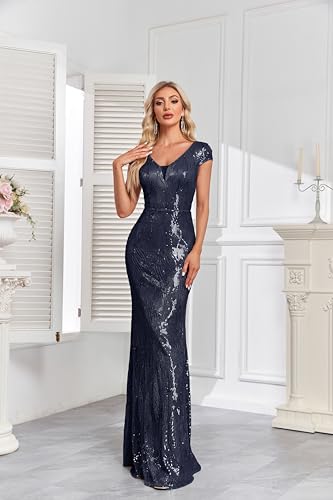 Image of XUIBOL Womens Sequined Short Sleeves Long Formal Dress with V-Neck for Evening Event Nightout Club Gown Silver Paillette